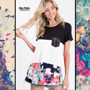 Floral Colorblock glitter pocket short sleeve top